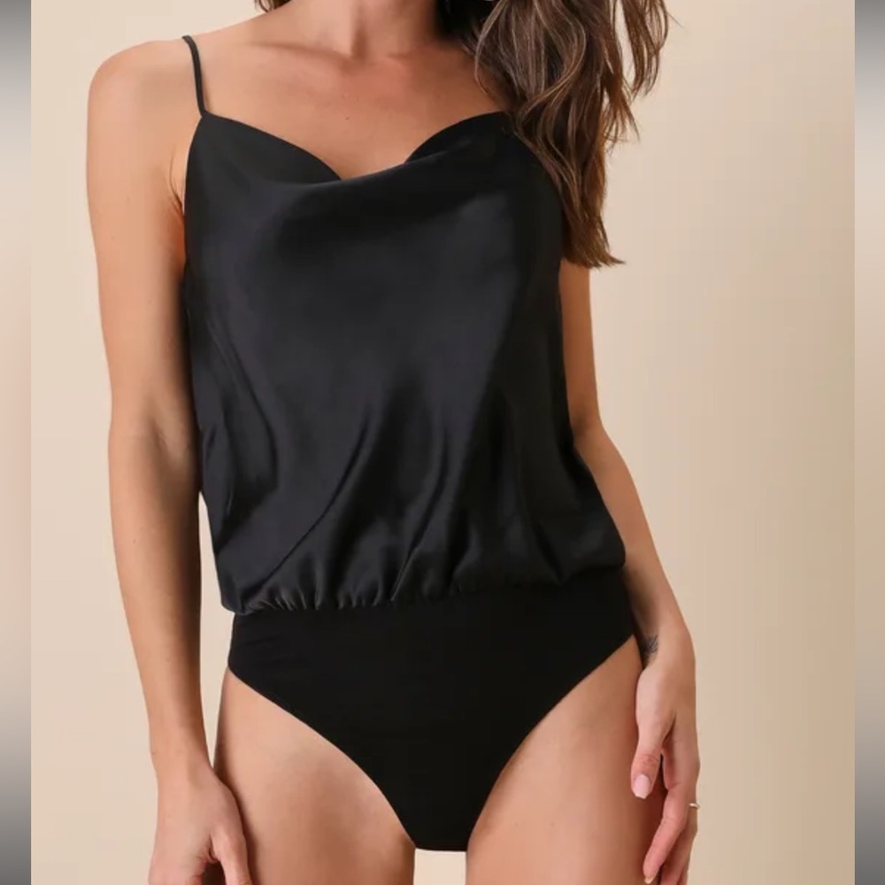 Emmerson Black Satin Sleeveless Cowl Neck Bodysuit - Picture 5 of 6